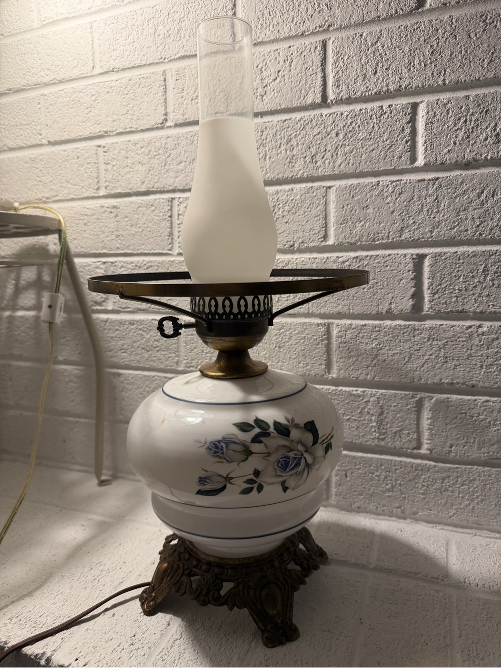 Vintage White Ceramic Lantern with Blue Rose Motif and Brass Accents